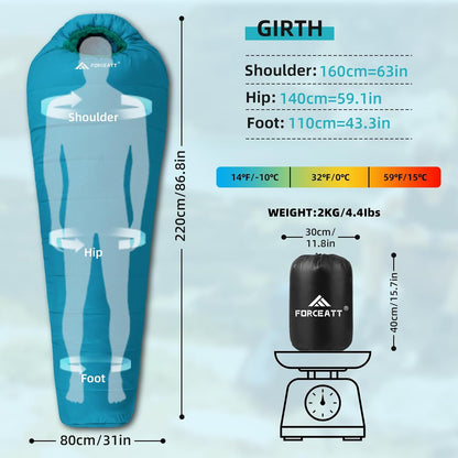 Sac de Dormit Mummy Forceatt – 3 Sezoane, -3°C până la +15°C, Rezistent la Apă, Ușor și Călduros