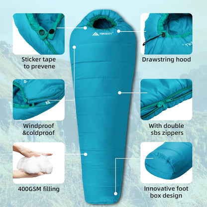 Sac de Dormit Mummy Forceatt – 3 Sezoane, -3°C până la +15°C, Rezistent la Apă, Ușor și Călduros