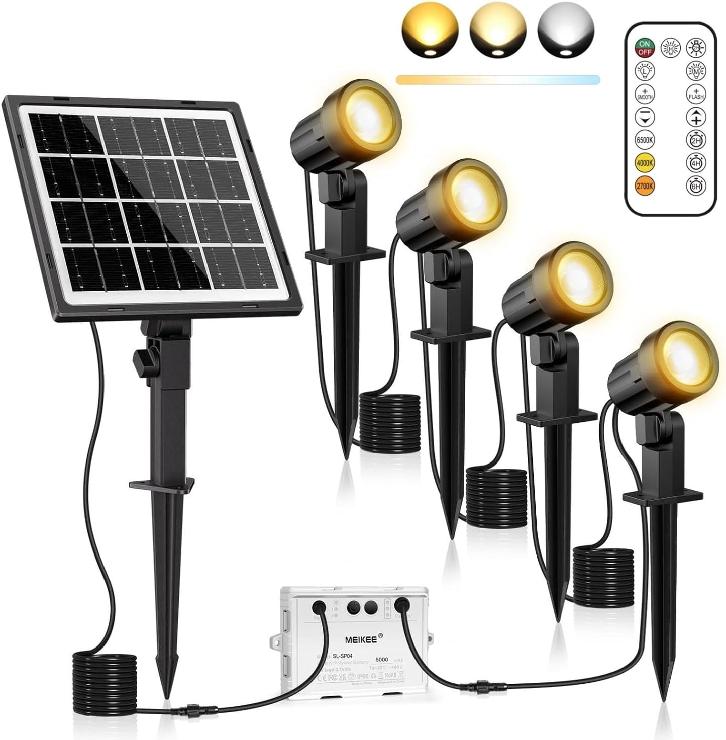 Proiector Solar MEIKEE 4‑în‑1 – 800 Lumeni, 5000mAh, 2500K–6500K, Telecomandă RF, IP66, 20h Autonomie