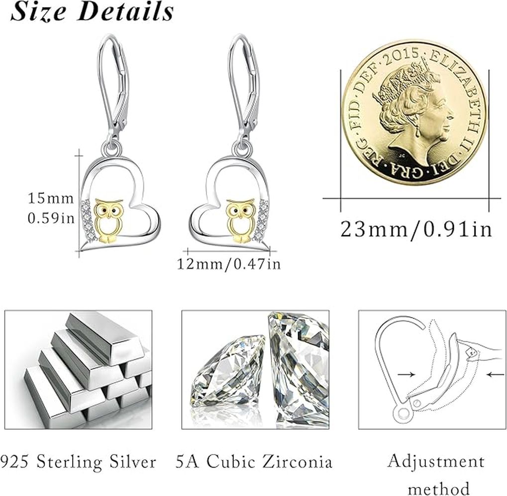 Cercei Bufniță din Argint 925 – REDSUN | Design Inimă, Zirconiu 5A, Hipoalergenici, Cadou Perfect pentru Femei și Fete
