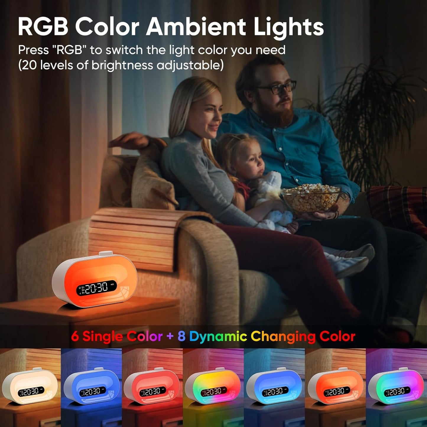 Ceas cu Alarmă APUZOM – Wake Up Light, Simulare Răsărit, 2 Alarme, Snooze, 30 Sunete, Lampă RGB 14 Culori