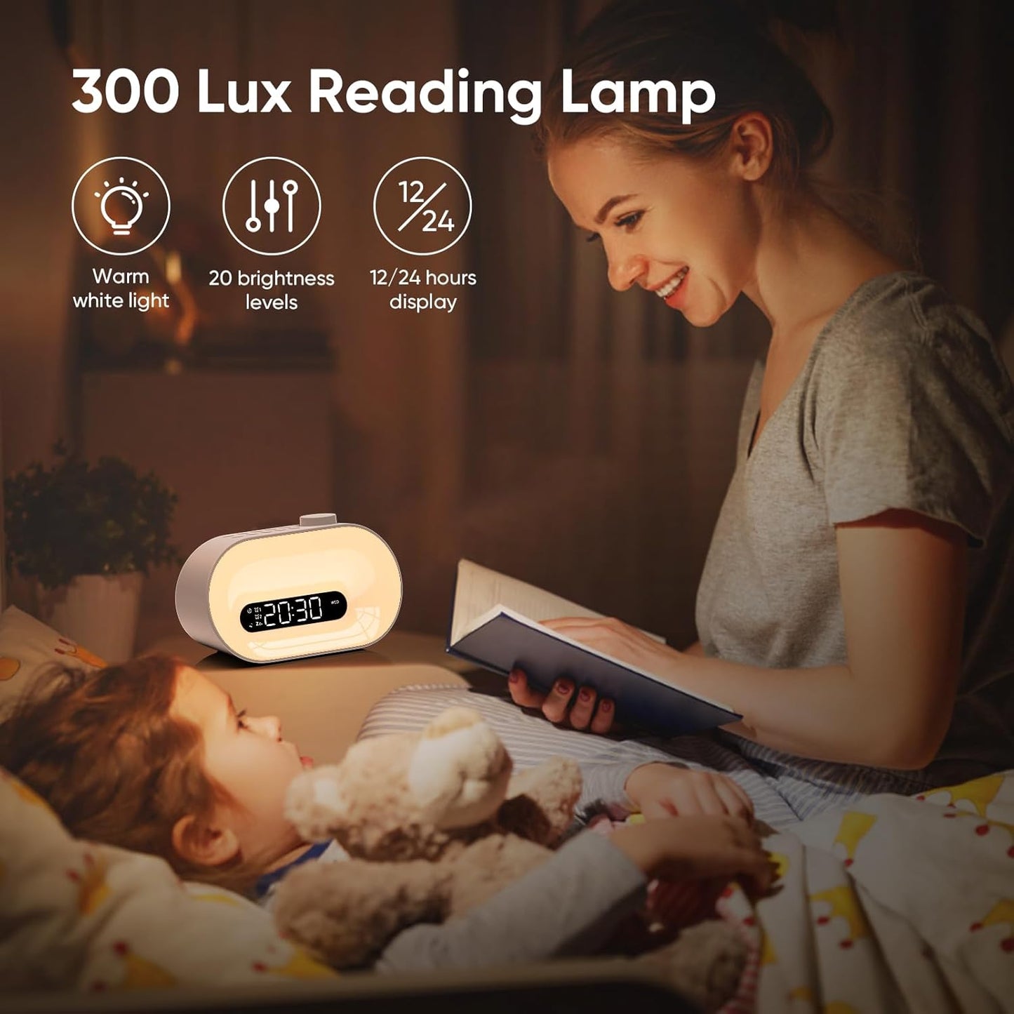 Ceas cu Alarmă APUZOM – Wake Up Light, Simulare Răsărit, 2 Alarme, Snooze, 30 Sunete, Lampă RGB 14 Culori