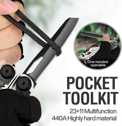 MIAOKE Multitool 23‑în‑1 – Unealtă Multifuncțională din Oțel Inoxidabil cu Cutie Cadou Premium | Pliers, Șurubelnițe, Fierăstrău, Deschizător Sticle | Cadoul Perfect pentru Bărbați
