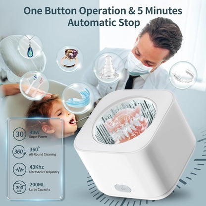 Curățător Ultrasonic pentru Aparat Dentar, Gutieră și Bijuterii – 30W, 43kHz, 200 ml | Curățare Profesională în 5 Minute