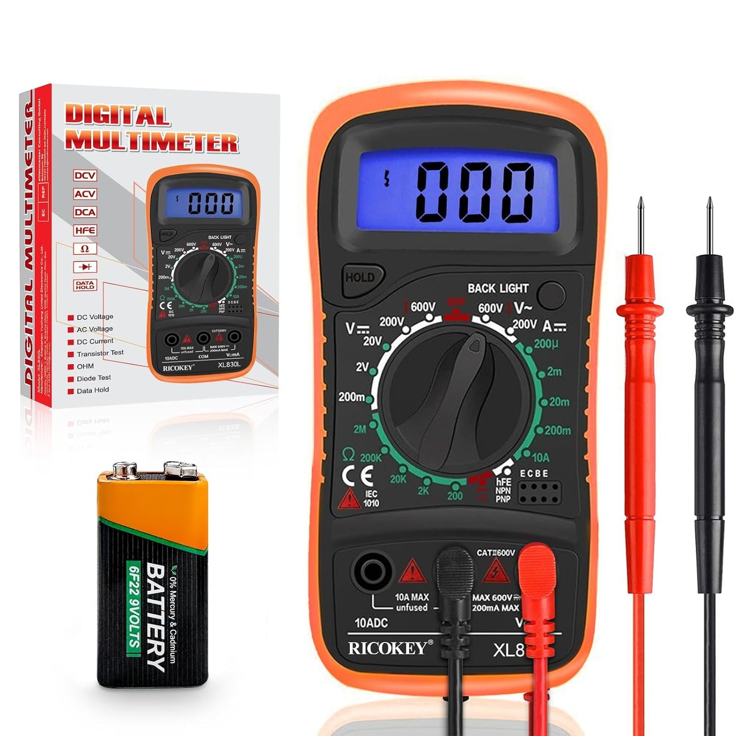 Multimetru Digital RICOKEY – Tester AC/DC, Continuitate, Rezistență, Diodă, Transistor, Afișaj LCD Iluminat