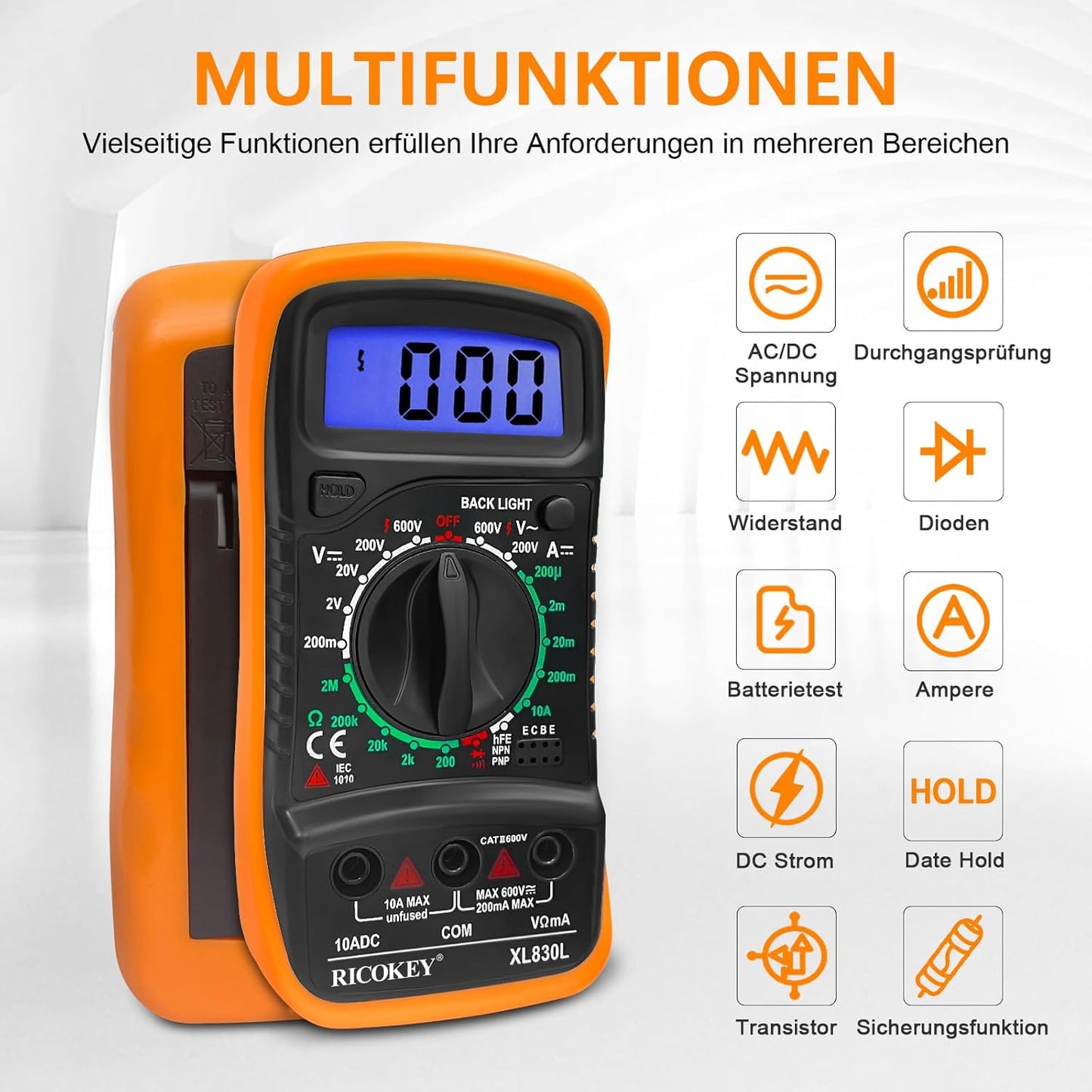 Multimetru Digital RICOKEY – Tester AC/DC, Continuitate, Rezistență, Diodă, Transistor, Afișaj LCD Iluminat