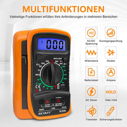 Multimetru Digital RICOKEY – Tester AC/DC, Continuitate, Rezistență, Diodă, Transistor, Afișaj LCD Iluminat
