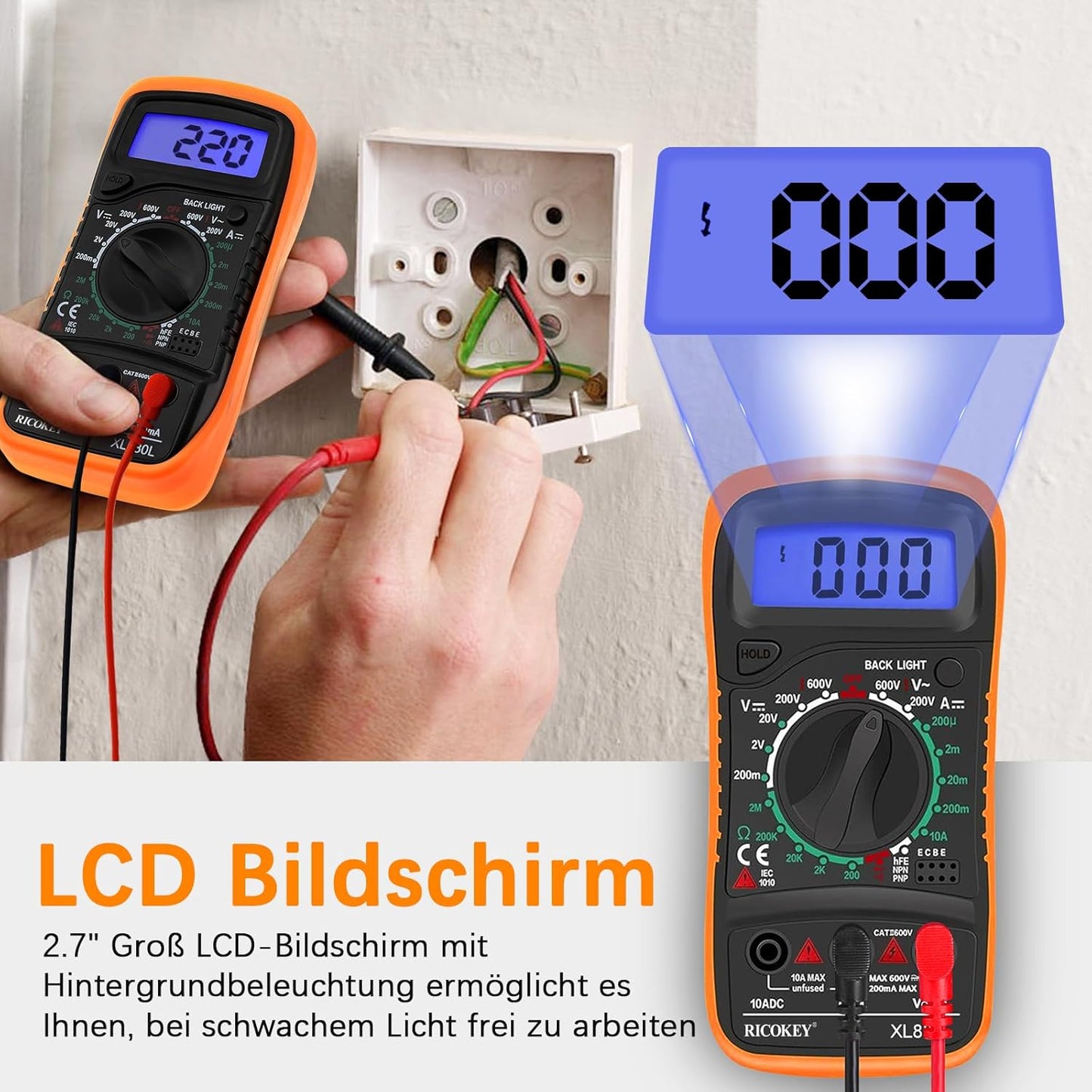 Multimetru Digital RICOKEY – Tester AC/DC, Continuitate, Rezistență, Diodă, Transistor, Afișaj LCD Iluminat