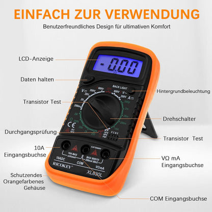 Multimetru Digital RICOKEY – Tester AC/DC, Continuitate, Rezistență, Diodă, Transistor, Afișaj LCD Iluminat