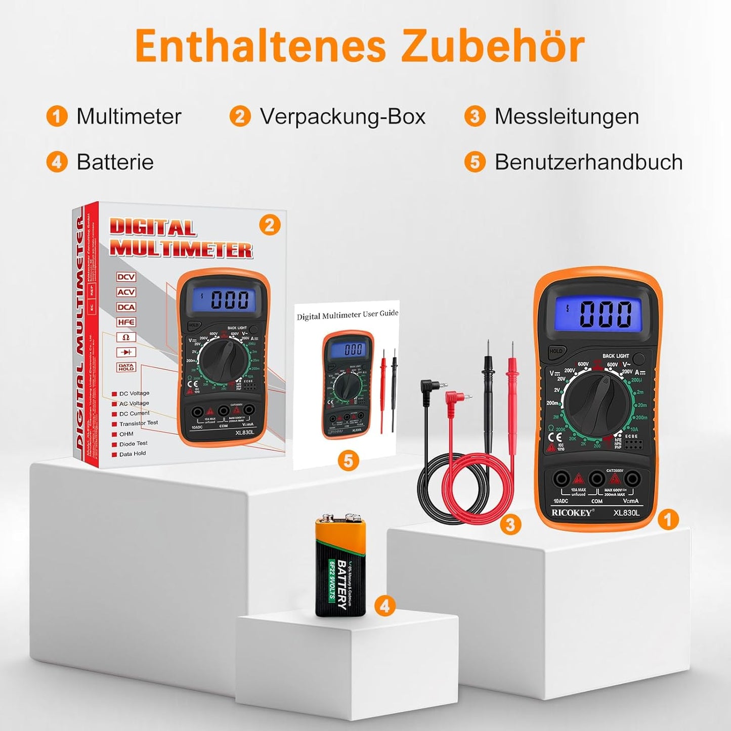 Multimetru Digital RICOKEY – Tester AC/DC, Continuitate, Rezistență, Diodă, Transistor, Afișaj LCD Iluminat