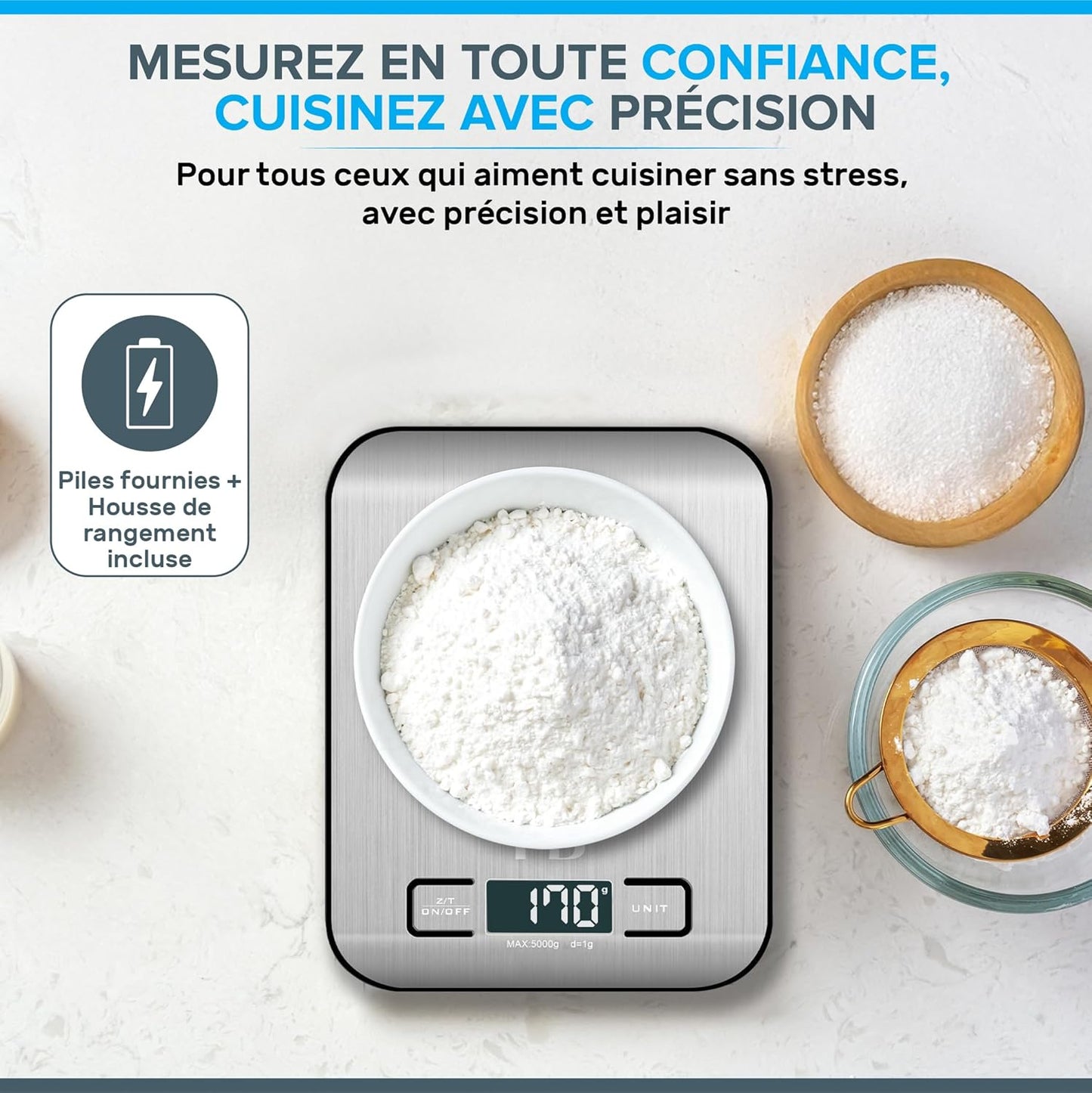 Cântar de Bucătărie cu Husă de Protecție – Precizie 1 g, Oțel Inoxidabil 5 kg, Funcție Tare, Ecran LCD Iluminat, Ultra‑Subțire