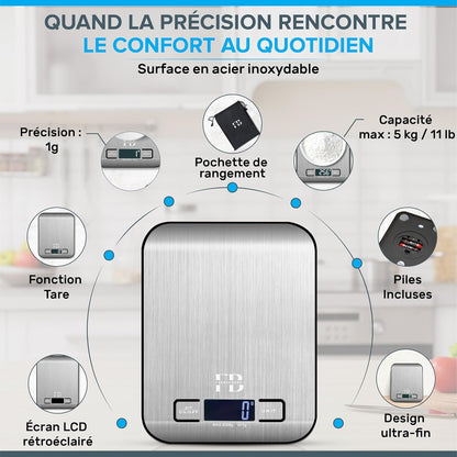 Cântar de Bucătărie cu Husă de Protecție – Precizie 1 g, Oțel Inoxidabil 5 kg, Funcție Tare, Ecran LCD Iluminat, Ultra‑Subțire