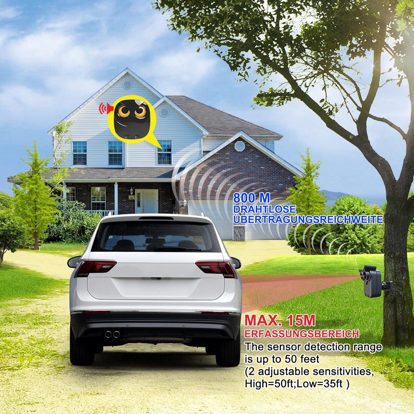 Sistem de Alarmă Wireless pentru Alee – Rază 800 m, Senzor Mișcare Exterior/Interior, Rezistent la Intemperii | HTZSAFE