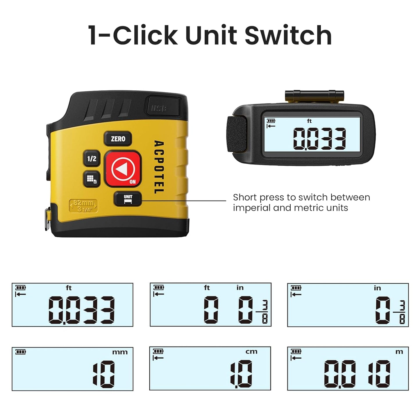 Ruletă Digitală 2‑în‑1 ACPOTEL DT20, 5 m, Afișaj LCD, Reîncărcabilă, Măsurare Arie & Volum