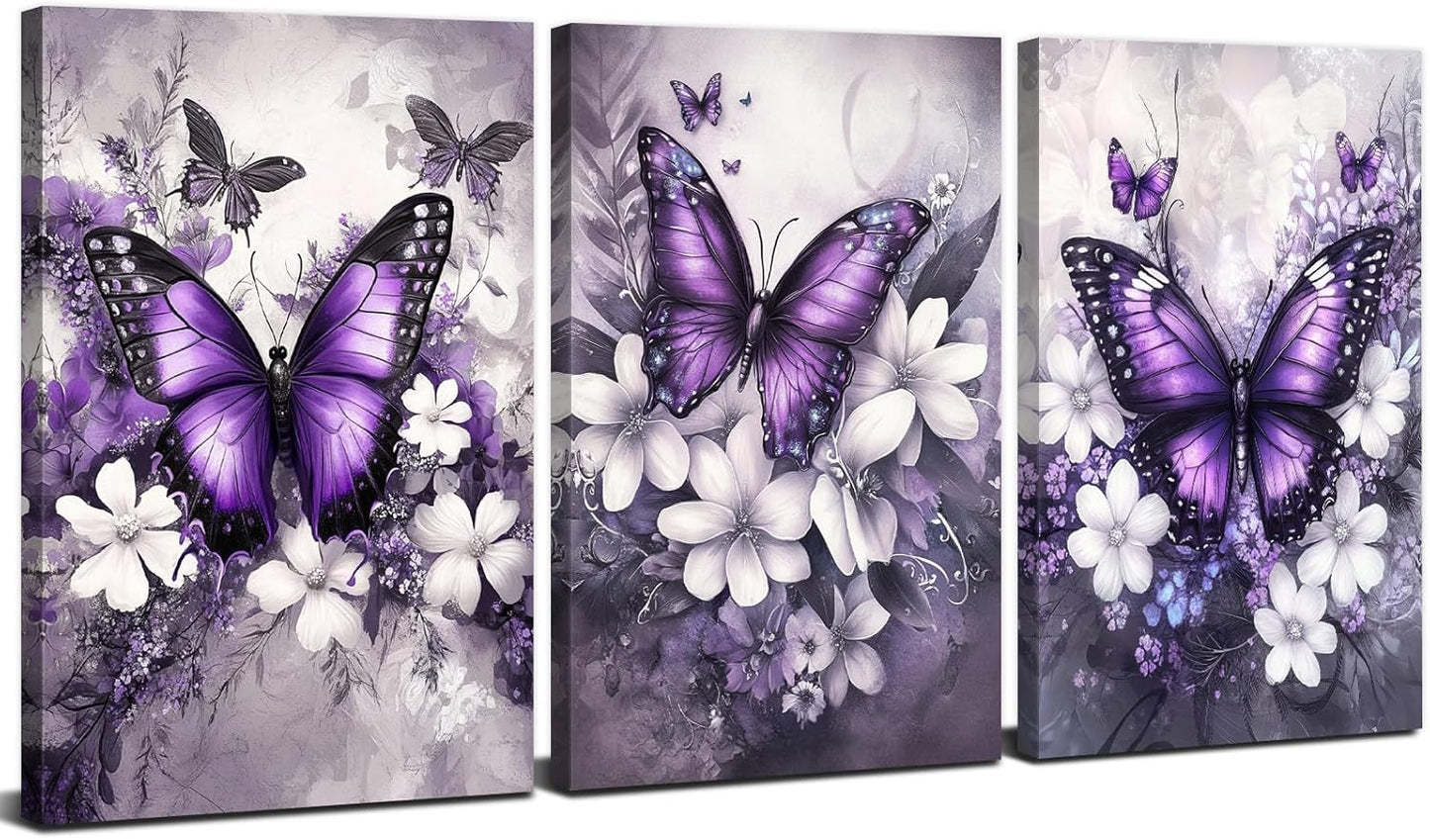 Set 3 Tablouri Canvas Fluturi Mov & Flori, 30 × 40 cm, Ready to Hang