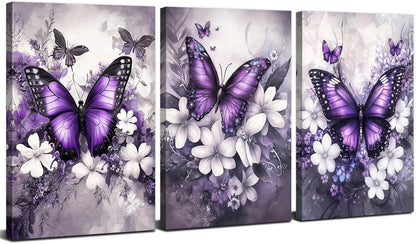 Set 3 Tablouri Canvas Fluturi Mov & Flori, 30 × 40 cm, Ready to Hang