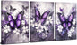 Set 3 Tablouri Canvas Fluturi Mov & Flori, 30 × 40 cm, Ready to Hang