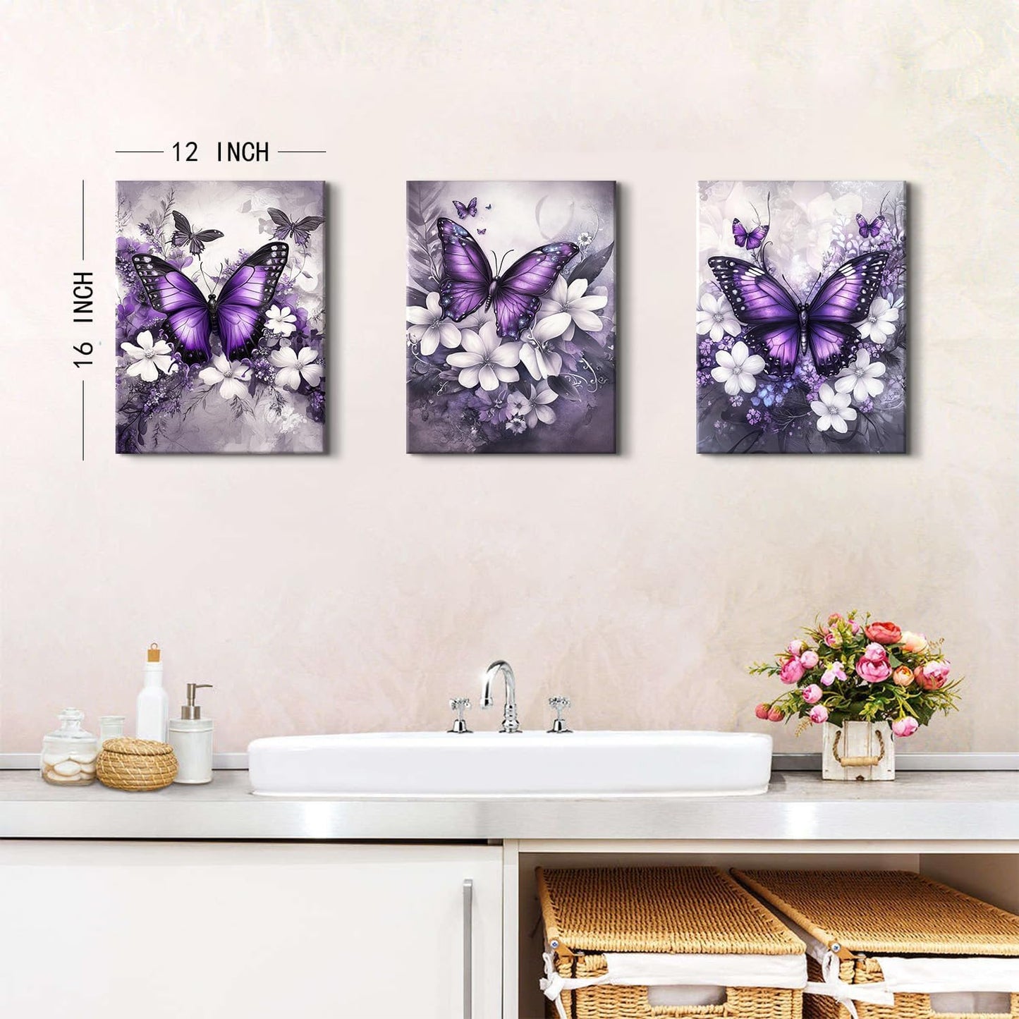 Set 3 Tablouri Canvas Fluturi Mov & Flori, 30 × 40 cm, Ready to Hang