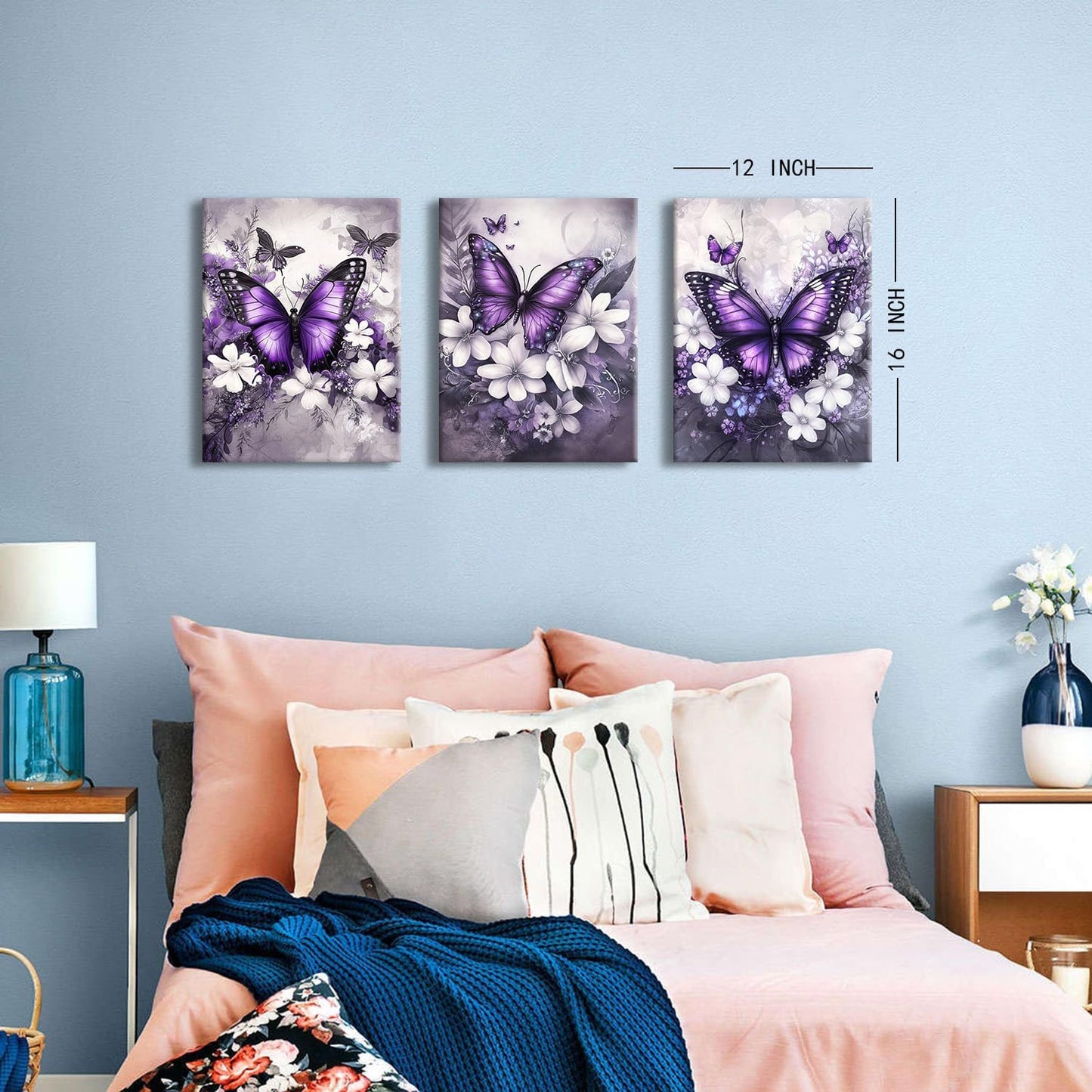 Set 3 Tablouri Canvas Fluturi Mov & Flori, 30 × 40 cm, Ready to Hang