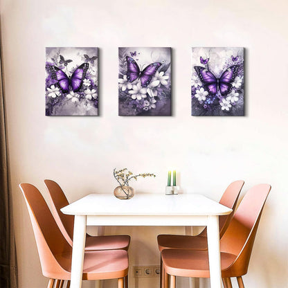 Set 3 Tablouri Canvas Fluturi Mov & Flori, 30 × 40 cm, Ready to Hang