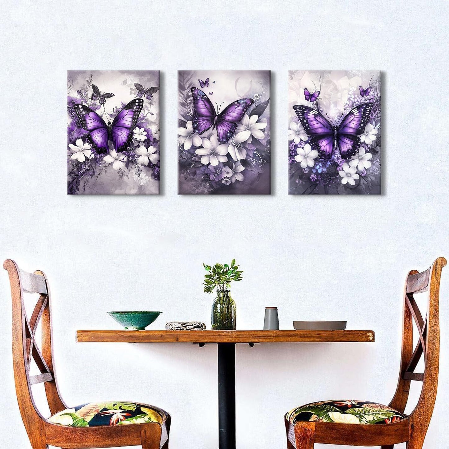 Set 3 Tablouri Canvas Fluturi Mov & Flori, 30 × 40 cm, Ready to Hang