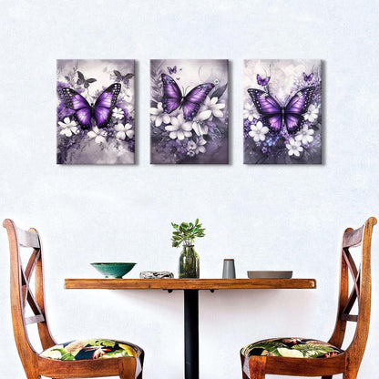 Set 3 Tablouri Canvas Fluturi Mov & Flori, 30 × 40 cm, Ready to Hang