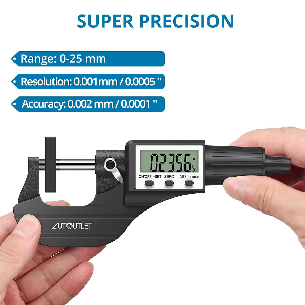 📏 Micrometru Digital AUTOUTLET 0–25mm, 0.001mm, LCD, Cap Oțel Inoxidabil, Mecanism Clichet