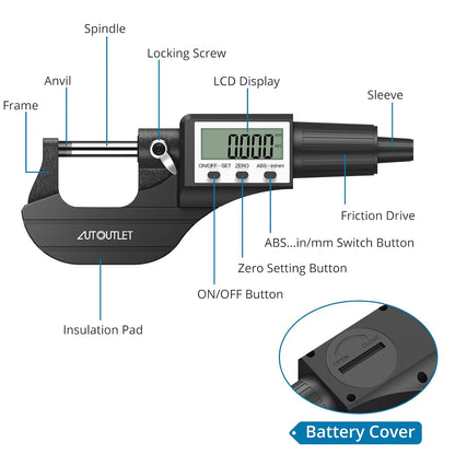 📏 Micrometru Digital AUTOUTLET 0–25mm, 0.001mm, LCD, Cap Oțel Inoxidabil, Mecanism Clichet
