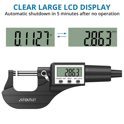 📏 Micrometru Digital AUTOUTLET 0–25mm, 0.001mm, LCD, Cap Oțel Inoxidabil, Mecanism Clichet