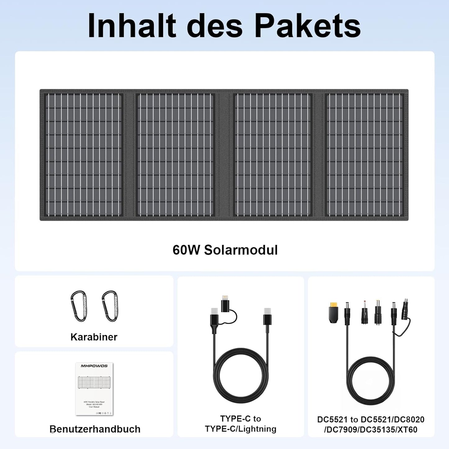 Panou Solar Portabil MHPOWOS 60W cu Suport – Încărcare Rapidă, Pliabil, Waterproof IP67, Ideal pentru Camping & Urgențe