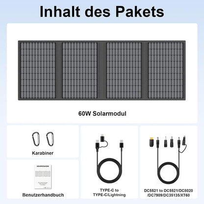 Panou Solar Portabil MHPOWOS 60W cu Suport – Încărcare Rapidă, Pliabil, Waterproof IP67, Ideal pentru Camping & Urgențe
