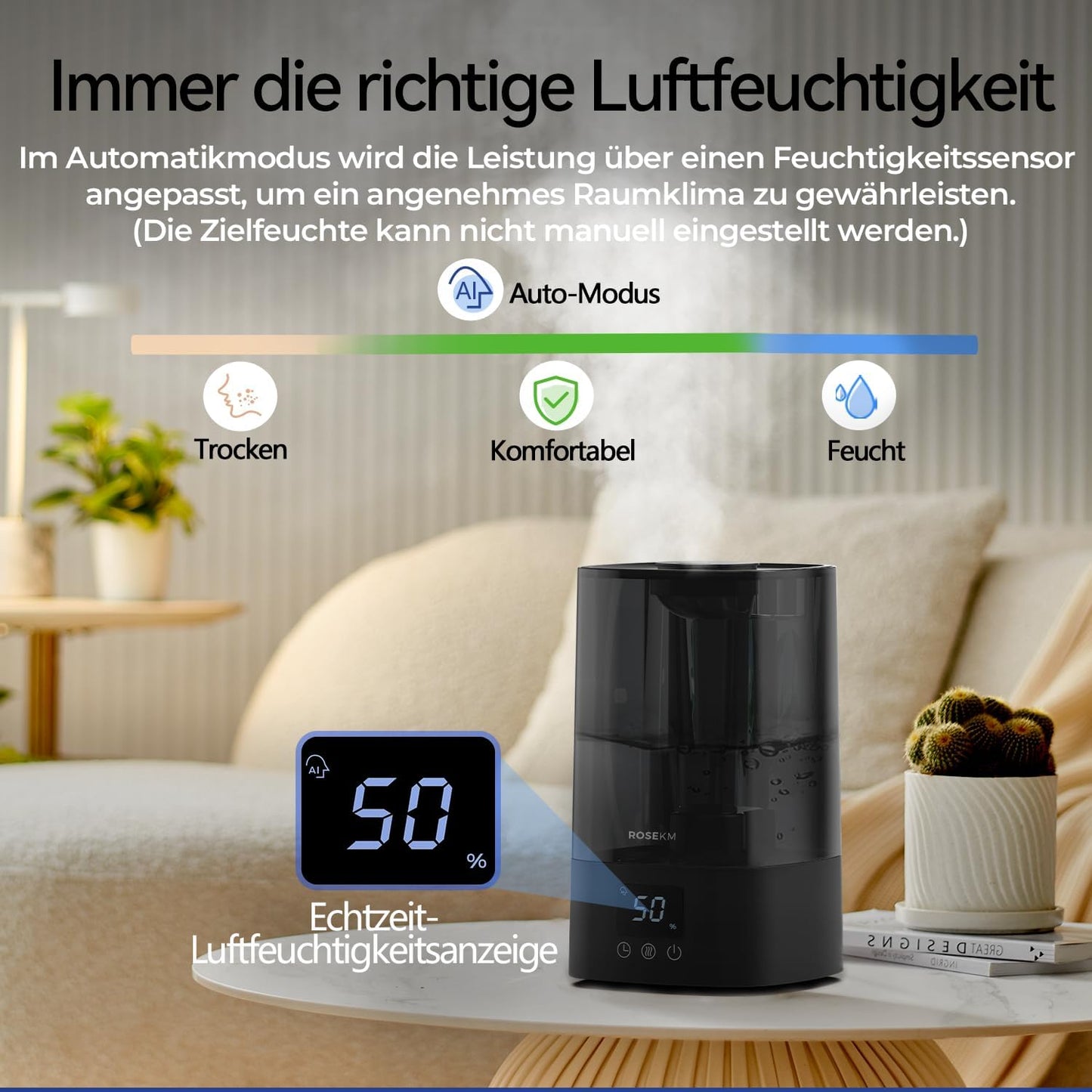 Umidificator Automat Rosekm 4.5L – Ultra Silențios, Senzor de Umiditate, Timer 1–12h, Autonomie până la 40h, Oprire Automată, Duza 360°
