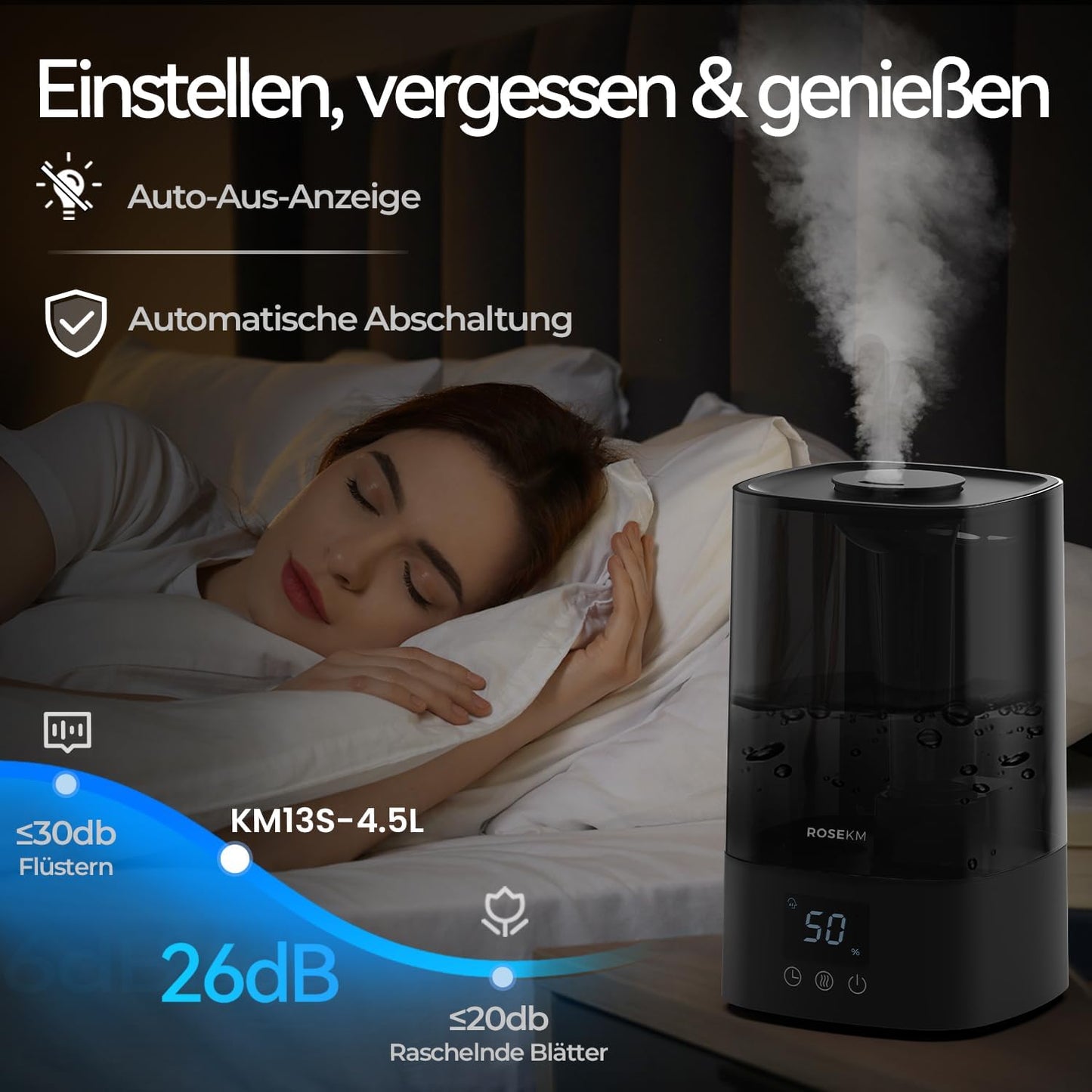 Umidificator Automat Rosekm 4.5L – Ultra Silențios, Senzor de Umiditate, Timer 1–12h, Autonomie până la 40h, Oprire Automată, Duza 360°