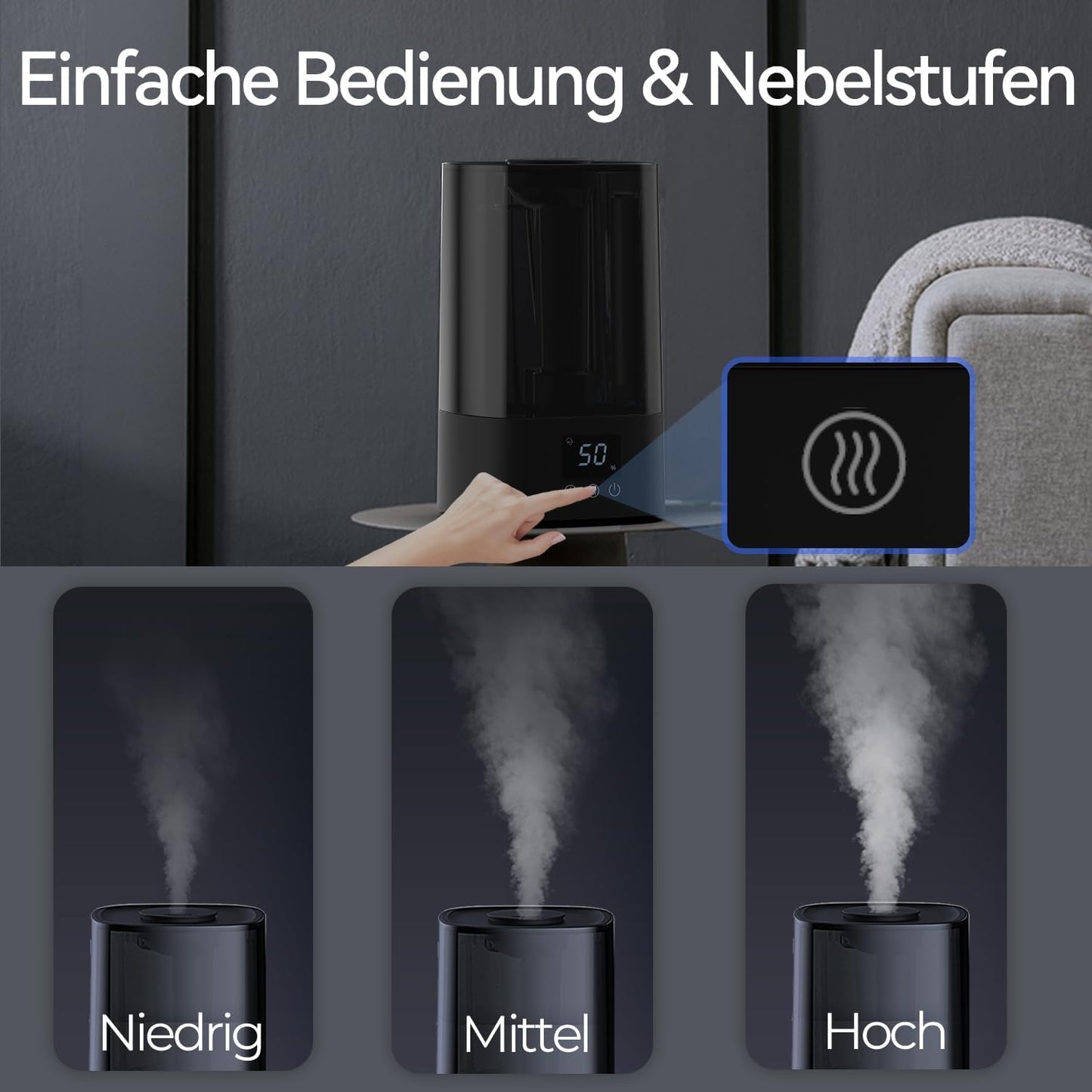 Umidificator Automat Rosekm 4.5L – Ultra Silențios, Senzor de Umiditate, Timer 1–12h, Autonomie până la 40h, Oprire Automată, Duza 360°