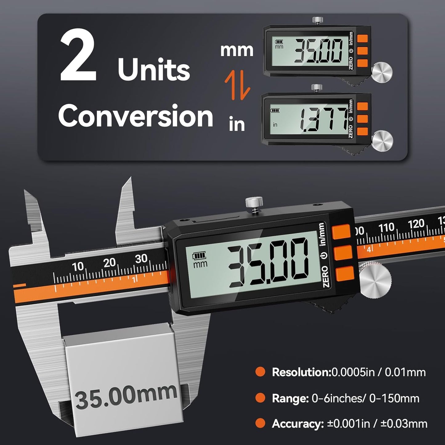 Șubler Digital Preciva 150mm / 6” – Reîncărcabil USB‑C, Oțel Inoxidabil, IP54, Acuratețe ±0.03mm, Ecran LCD Mare