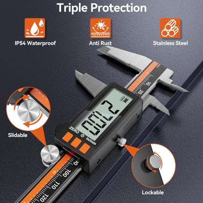 Șubler Digital Preciva 150mm / 6” – Reîncărcabil USB‑C, Oțel Inoxidabil, IP54, Acuratețe ±0.03mm, Ecran LCD Mare