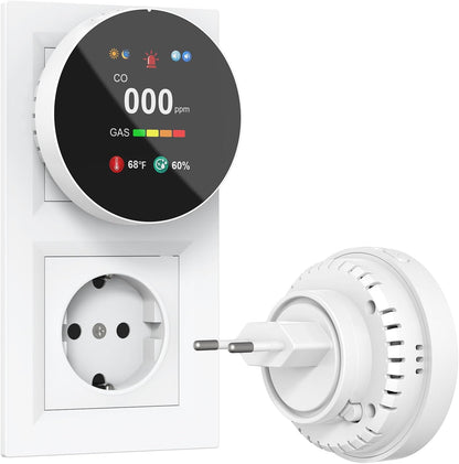 Detector 4‑în‑1 CO & Gaz CHZHVAN – Cuplare la Priză, Afișaj Digital, Senzor Temperatură & Umiditate, Alarmă Sonoră Puternică