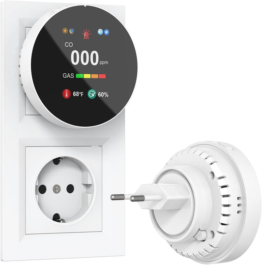 Detector 4‑în‑1 CO & Gaz CHZHVAN – Cuplare la Priză, Afișaj Digital, Senzor Temperatură & Umiditate, Alarmă Sonoră Puternică