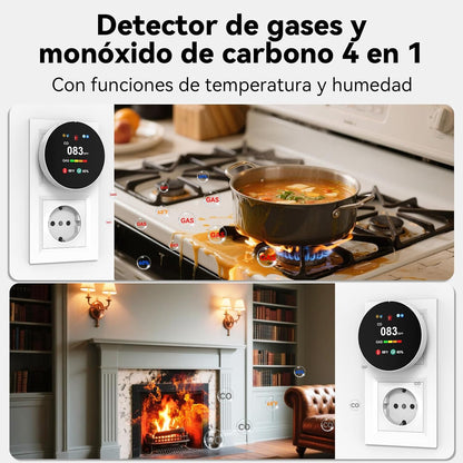 Detector 4‑în‑1 CO & Gaz CHZHVAN – Cuplare la Priză, Afișaj Digital, Senzor Temperatură & Umiditate, Alarmă Sonoră Puternică