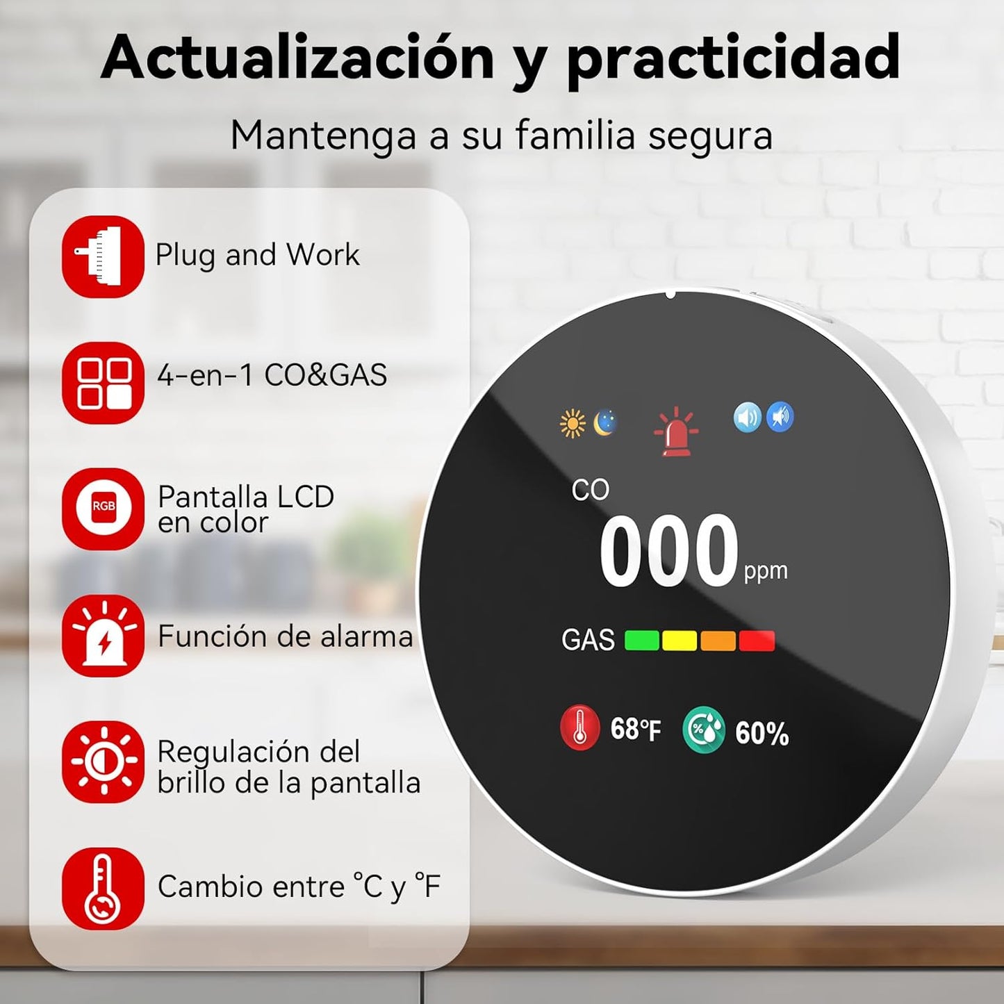 Detector 4‑în‑1 CO & Gaz CHZHVAN – Cuplare la Priză, Afișaj Digital, Senzor Temperatură & Umiditate, Alarmă Sonoră Puternică