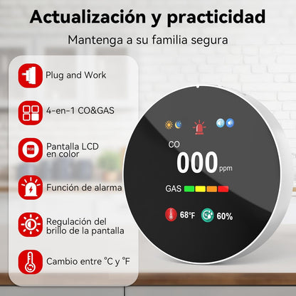 Detector 4‑în‑1 CO & Gaz CHZHVAN – Cuplare la Priză, Afișaj Digital, Senzor Temperatură & Umiditate, Alarmă Sonoră Puternică