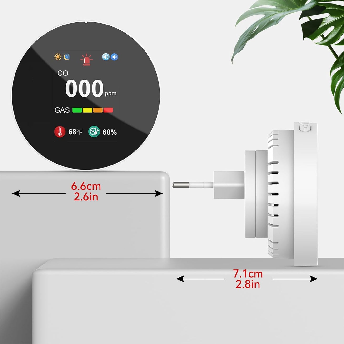 Detector 4‑în‑1 CO & Gaz CHZHVAN – Cuplare la Priză, Afișaj Digital, Senzor Temperatură & Umiditate, Alarmă Sonoră Puternică