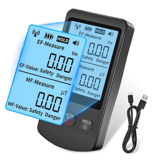 Detector EMF Digital 3‑în‑1 EF/MF/Temperatură – Ecran LED, Reîncărcabil USB, Senzor Precizie 1%, Ideal pentru Casă, Birou și Ghost Hunting