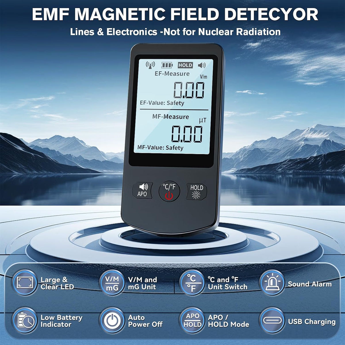 Detector EMF Digital 3‑în‑1 EF/MF/Temperatură – Ecran LED, Reîncărcabil USB, Senzor Precizie 1%, Ideal pentru Casă, Birou și Ghost Hunting