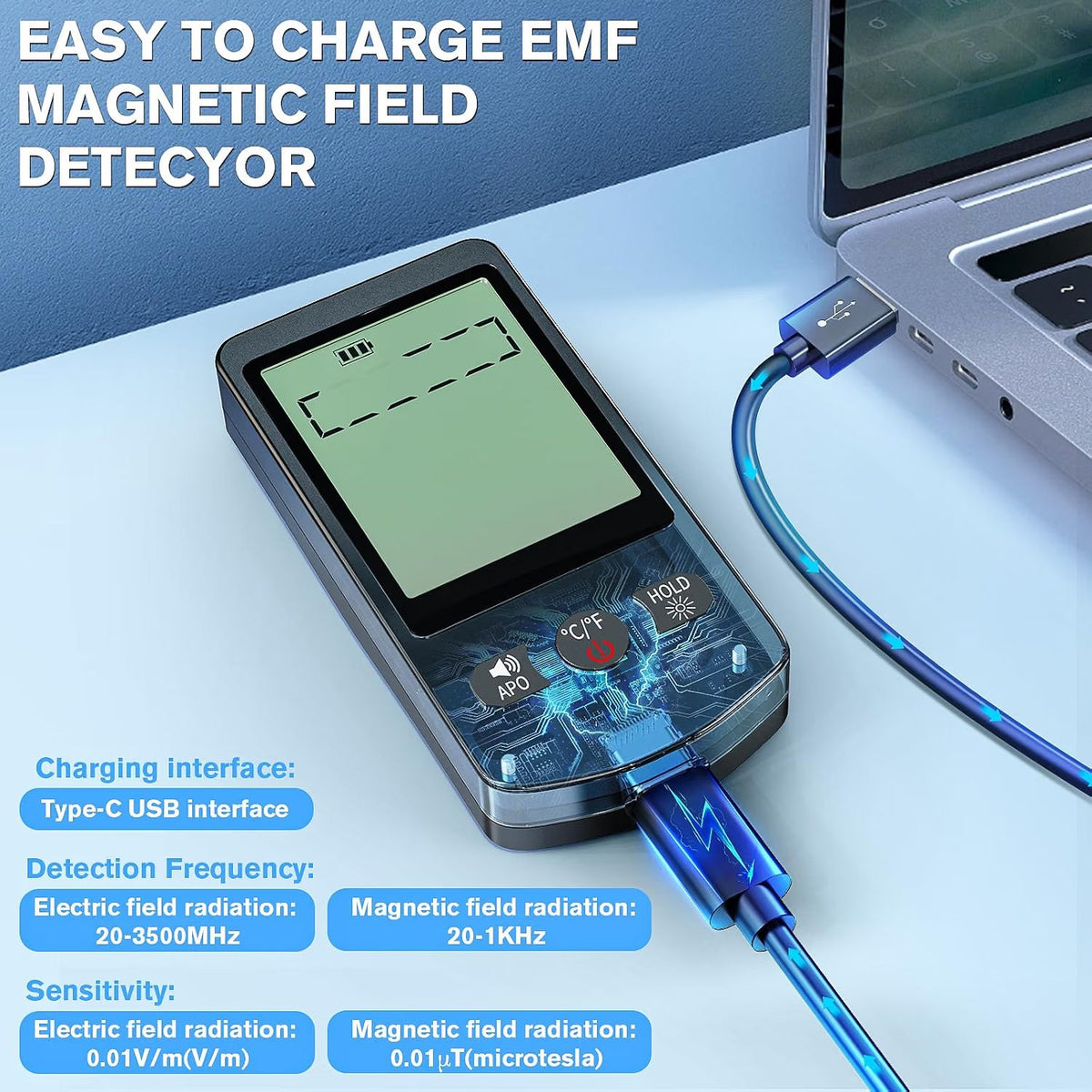 Detector EMF Digital 3‑în‑1 EF/MF/Temperatură – Ecran LED, Reîncărcabil USB, Senzor Precizie 1%, Ideal pentru Casă, Birou și Ghost Hunting