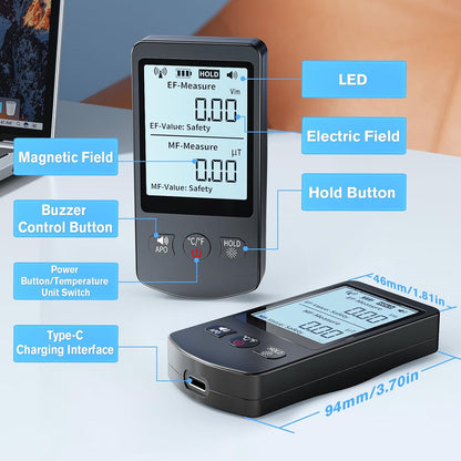 Detector EMF Digital 3‑în‑1 EF/MF/Temperatură – Ecran LED, Reîncărcabil USB, Senzor Precizie 1%, Ideal pentru Casă, Birou și Ghost Hunting