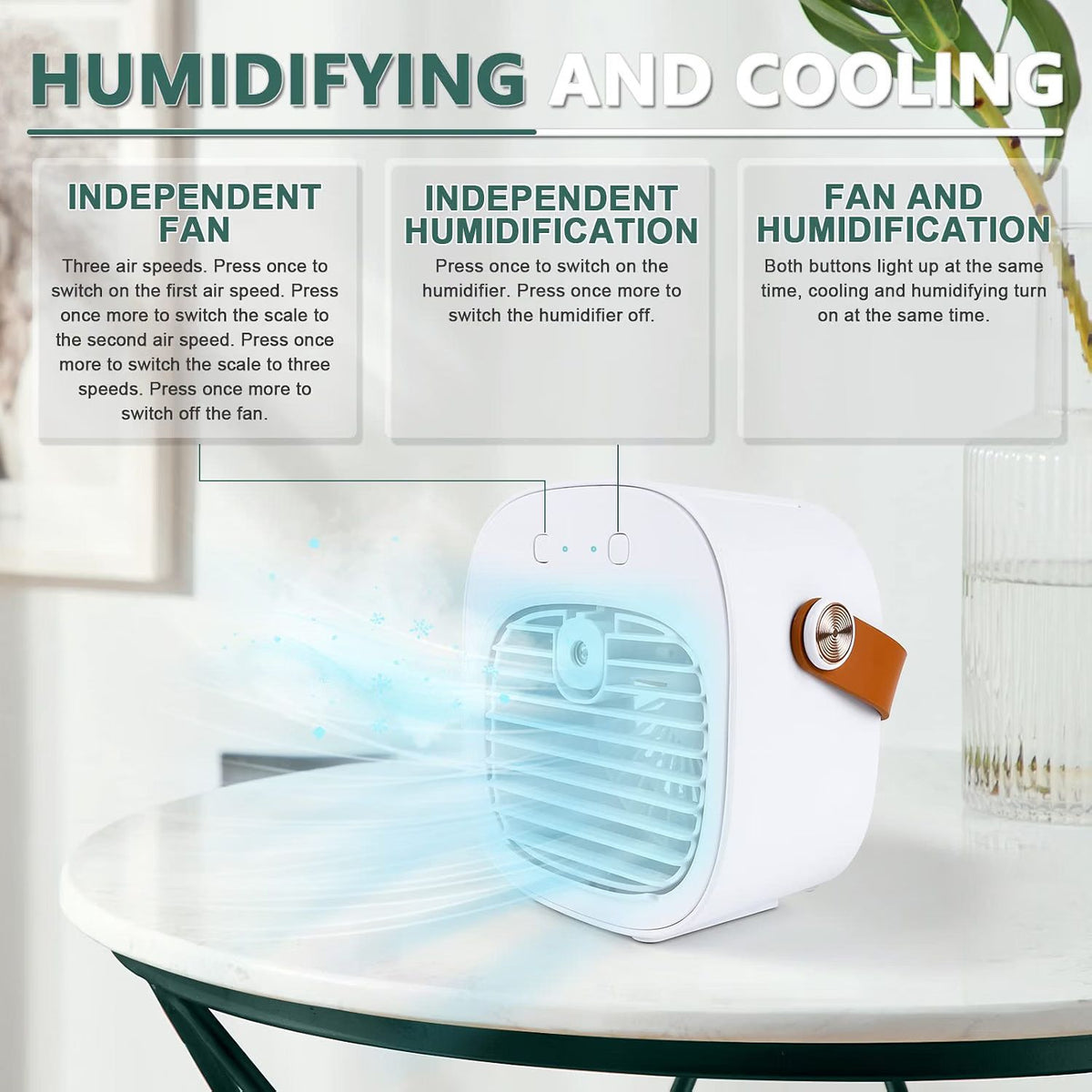 ❄️ Mini Aer Conditioner Portabil 2‑în‑1 cu Umidificare, 4000mAh, 3 Viteze, Rezervor 180ml