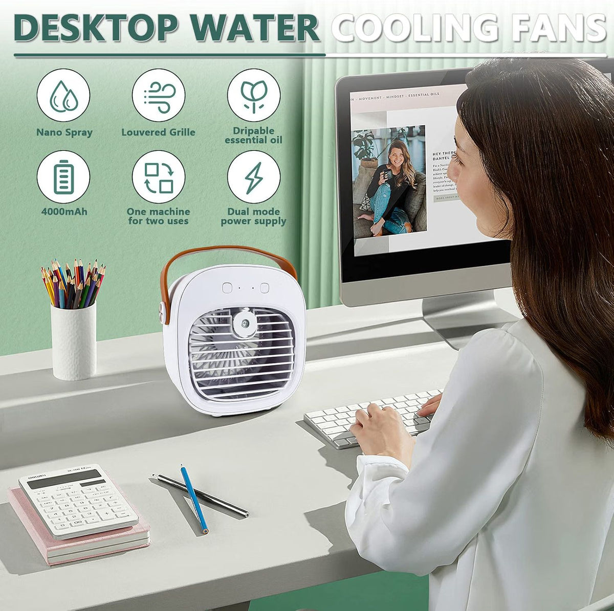 ❄️ Mini Aer Conditioner Portabil 2‑în‑1 cu Umidificare, 4000mAh, 3 Viteze, Rezervor 180ml