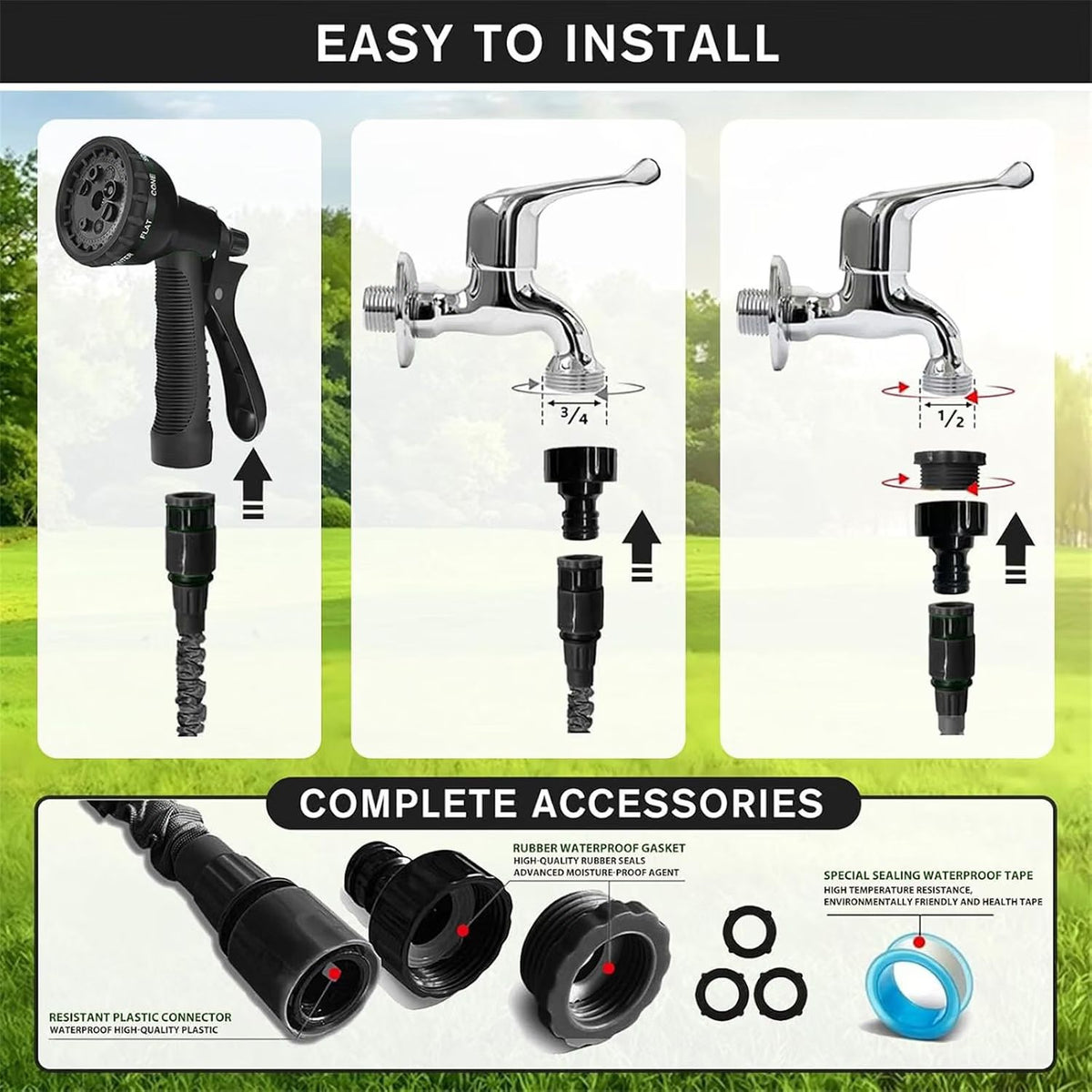 🌿 Furtun de grădină extensibil 7.5m LINGKY, 8 moduri jet, conectori metalici 1/2” & 3/4”, anti‑scurgeri