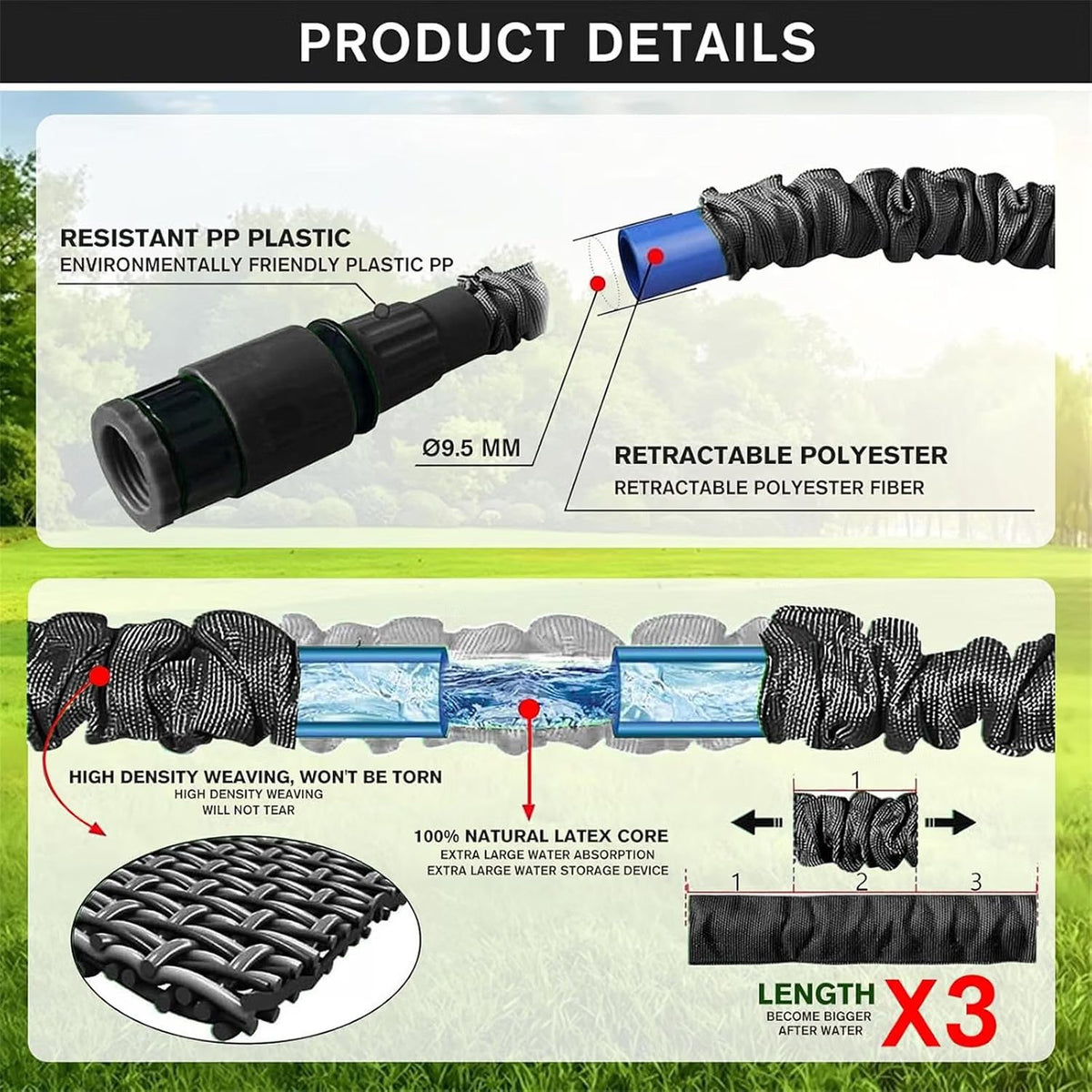 🌿 Furtun de grădină extensibil 7.5m LINGKY, 8 moduri jet, conectori metalici 1/2” & 3/4”, anti‑scurgeri